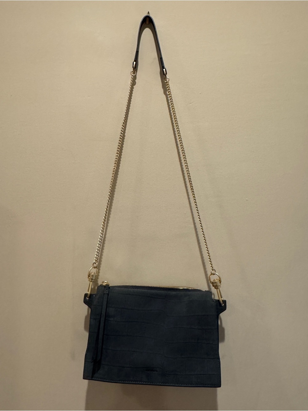 All Saints LIKE NEW Blue Croc-Embossed Suede Chain Crossbody - Picture 2 of 7